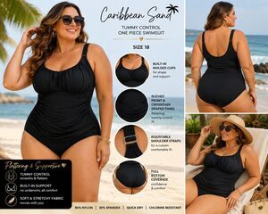 Caribbean Sand Women Size 18 Black Tummy Control One Piece Swimsuit Slimming...